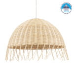 GloboStar® JAKARTA 00712 Boho Κρεμαστό Φωτιστικό Καμπάνα Μονόφωτο 1 x E27 IP20 Μπέζ Ξύλο - Μ50 x Π50 x Υ36cm