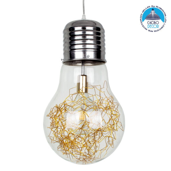 GloboStar® LAMP 00808 Μοντέρνο Κρεμαστό Φωτιστικό Φιγούρα Μονόφωτο 1 x E27 IP20 Ασημί & Χρυσό Μέταλλο με Διάφανο Γυαλί - Μ30 x Π30 x Υ52cm