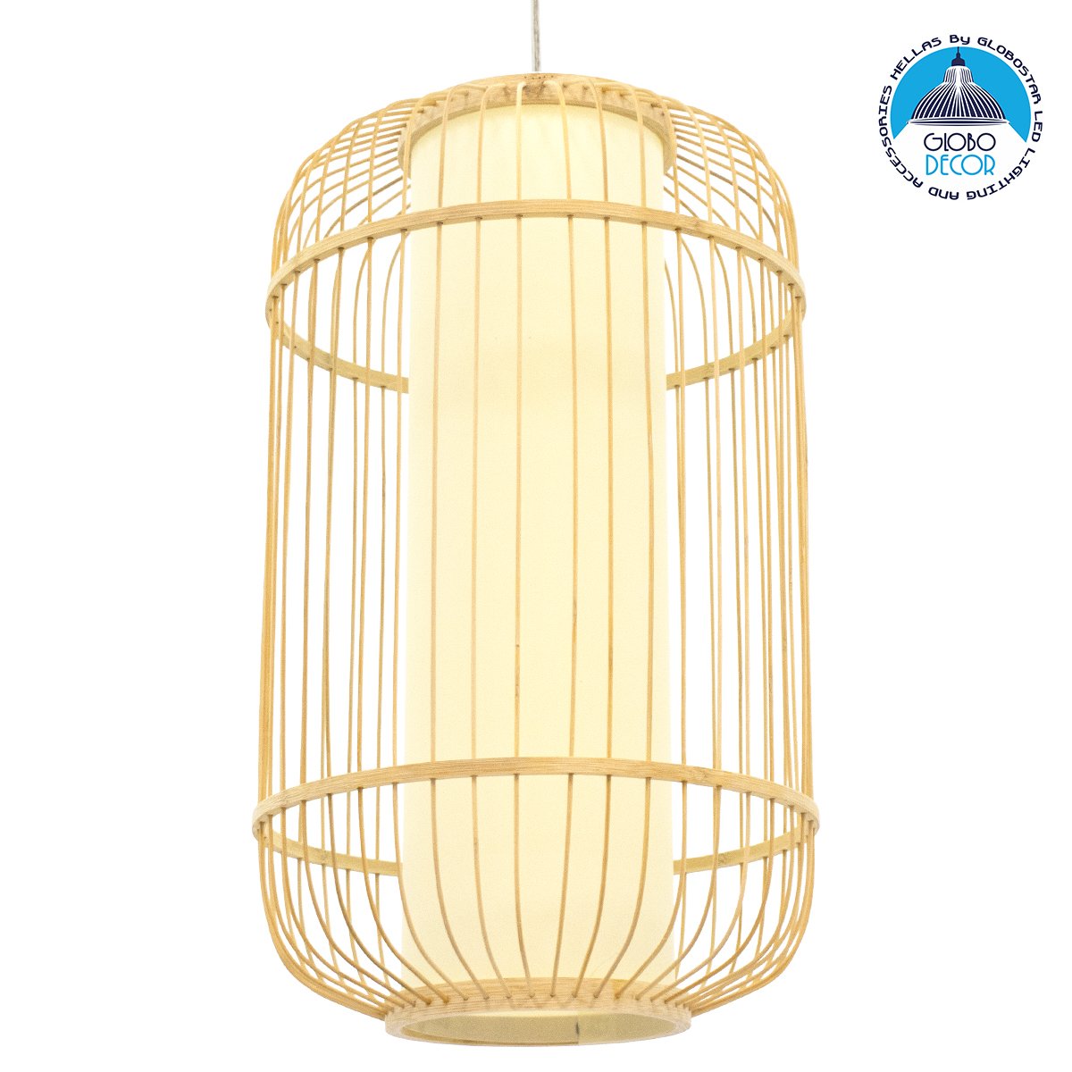 00894_01 GloboStar® HIBISCUS 00894 Boho Κρεμαστό Φωτιστικό Πλέγμα Μονόφωτο 1 x E27 IP20 Μπεζ Ξύλο - Μ30 x Π30 x Υ50cm - Image 1