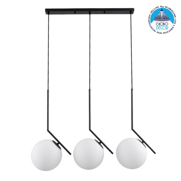 GloboStar® MONROE 00954 Μοντέρνο Κρεμαστό Φωτιστικό Ράγα Τρίφωτο 3 x E27 IP20 Μαύρο Μέταλλο με Λευκό Γυαλί - Μ74 x Π25 x Υ50cm