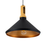 GloboStar® CALYPSO 01334-A Μοντέρνο Κρεμαστό Φωτιστικό Καμπάνα Μονόφωτο 1 x E27 IP20 Μαύρο & Χρυσό Μέταλλο με Μπεζ Ξύλο - Μ36 x Π36 x Υ30cm - Image 6