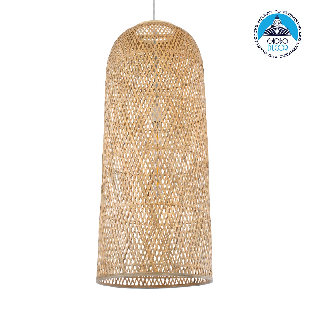 01712_1 GloboStar® CALERO 01712 Boho Κρεμαστό Φωτιστικό Πλέγμα Μονόφωτο 1 x E27 IP20 Μπεζ Ξύλο - Μ40 x Π40 x Υ90cm - Image 1