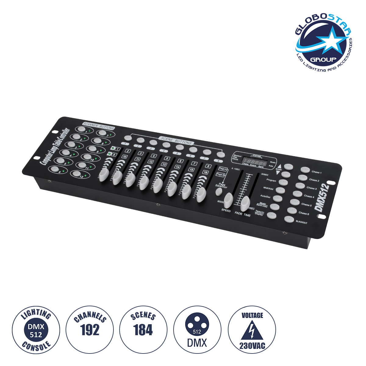 49767_1 GloboStar® 73493 DMX 192 Channel Fader Console - Κονσόλα Φωτισμού 192 Καναλιών DMX AC 100-240V - IP20 Μ48 x Π13.5 x Υ7cm - 2 Χρόνια Εγγύηση - Image 1