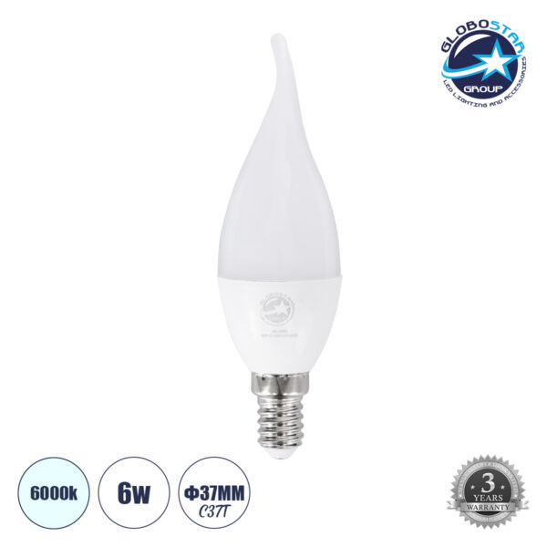 GloboStar® 60006 Λάμπα LED E14 C37T Κεράκι 6W 600lm 260° AC 220-240V IP20 Φ3.7 x Υ12.5cm Ψυχρό Λευκό 6000K - 3 Years Warranty