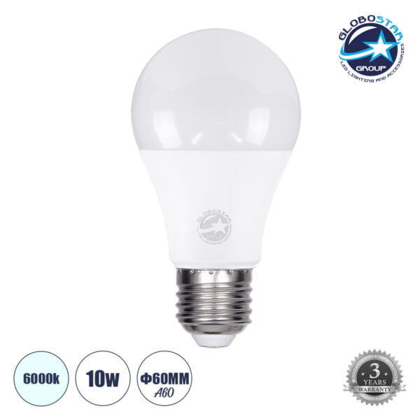 GloboStar® 60027 Λάμπα LED E27 A60 Γλόμπος 10W 1160lm 260° AC 220-240V IP20 Φ6 x Υ11cm Ψυχρό Λευκό 6000K - 3 Years Warranty