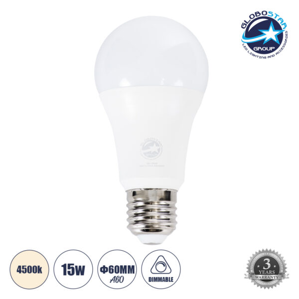 GloboStar® 60049 Λάμπα LED E27 A60 Γλόμπος 15W 1455lm 260° AC 220-240V IP20 Φ6 x Υ11.9cm Φυσικό Λευκό 4500K Dimmable - 3 Years Warranty