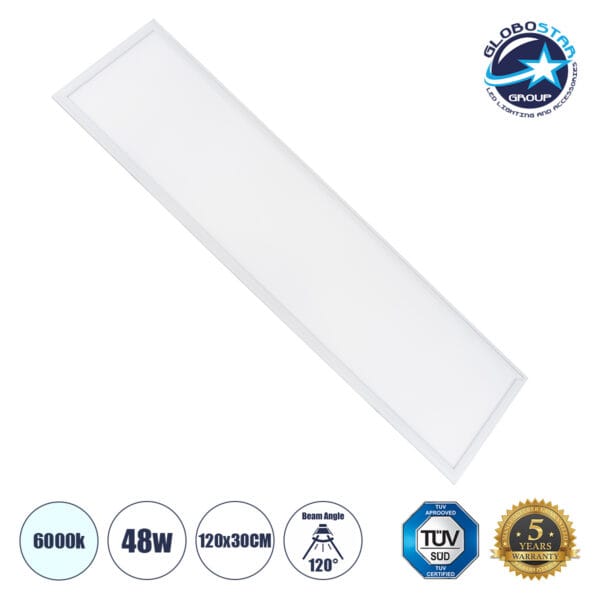 GloboStar® 60212 Χωνευτό LED Panel Milky Super Slim 120x30cm 48W 4800lm 120° CRI≥80Ra UGR<19 AC 220-240V IP20 Μ120 x Π30 x Υ1.5cm - Ψυχρό Λευκό 6000K - TÜV Certified Driver - 5 Years Warranty