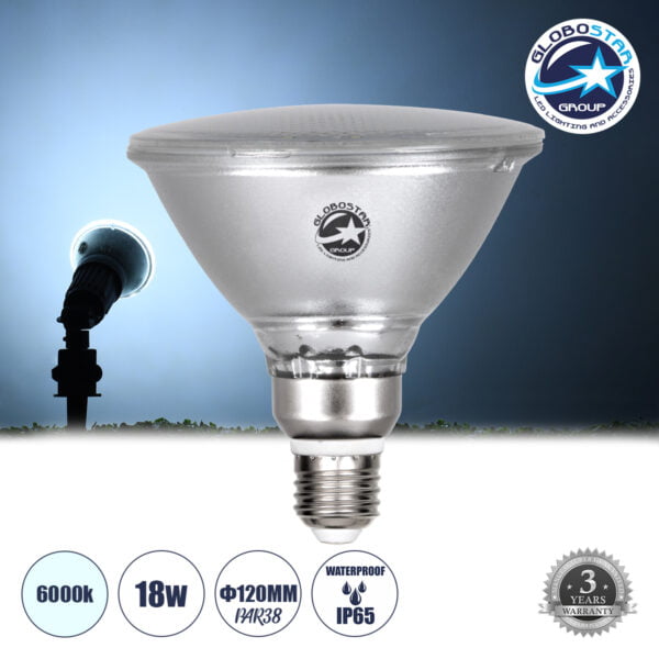 GloboStar® 60226 Λάμπα LED E27 PAR38 Κήπου Σκληρού Υάλου 18W 2000lm 60° AC 220-240V IP65 Φ12 x Υ13cm Ψυχρό Λευκό 6000K - 3 Years Warranty