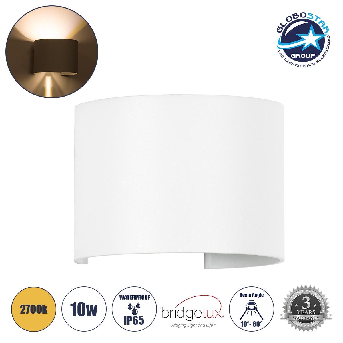 60635_1 GloboStar® AXIS-R 60635 Φωτιστικό Τοίχου - Απλίκα Αρχιτεκτονικού Φωτισμού Εσωτερικού/Εξωτερικού Χώρου Up & Down LED 10W 1150lm 10 έως 60° AC 220-240V Αδιάβροχο IP65 Μ10 x Π10 x Υ10cm - Θερμό Λευκό 2700K - Λευκό - Bridgelux Chip - 3 Years Warranty - Image 1