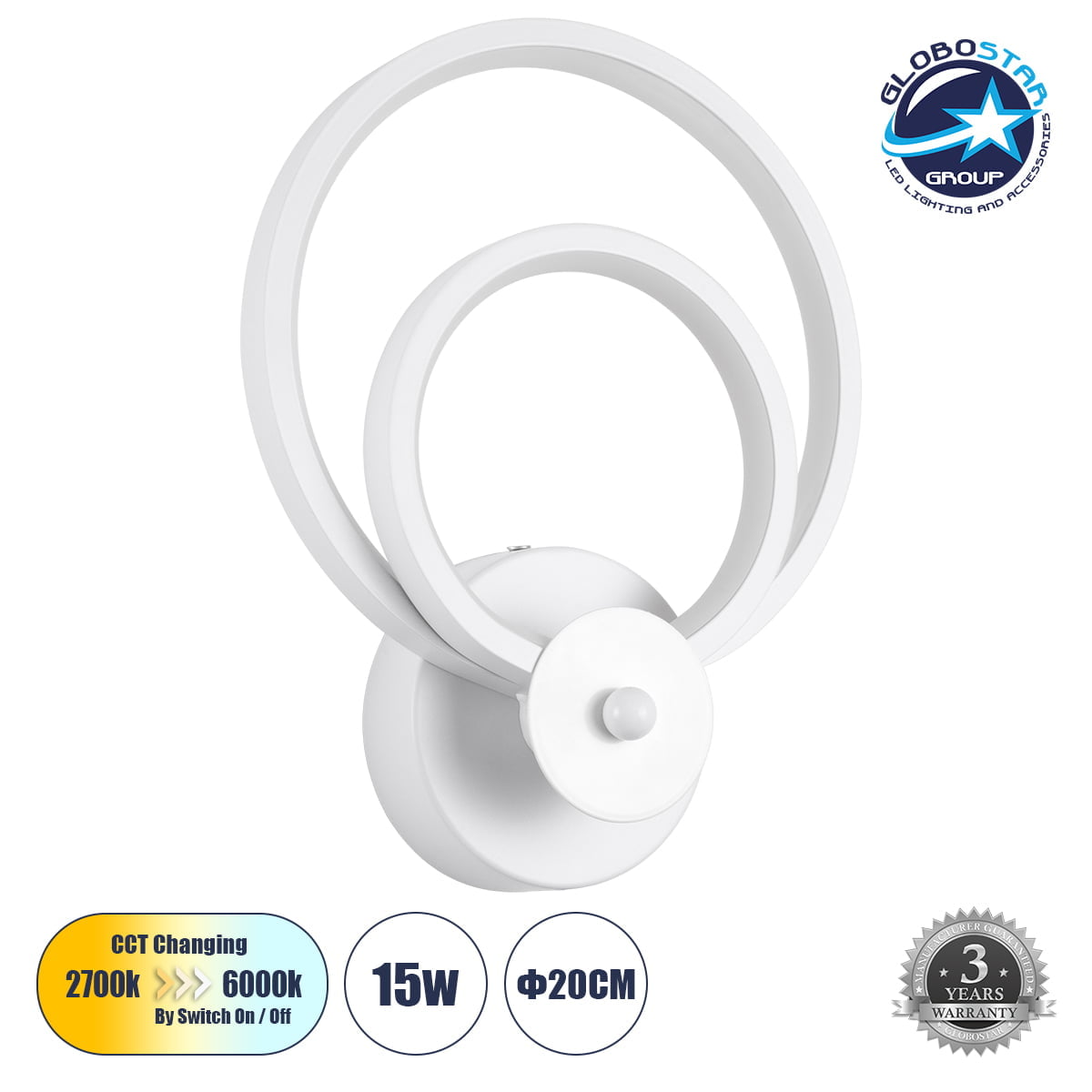 61077_1 GloboStar® FREDDIE 61077 Φωτιστικό Τοίχου - Απλίκα Design LED CCT 15W 1800lm 300° AC 220-240V - Εναλλαγή Φωτισμού μέσω Διακόπτη On/Off All In One Ψυχρό 6000k+Φυσικό 4500k+Θερμό 2700k Μ20 x Π7.5 x Υ25cm - Λευκό - Image 1