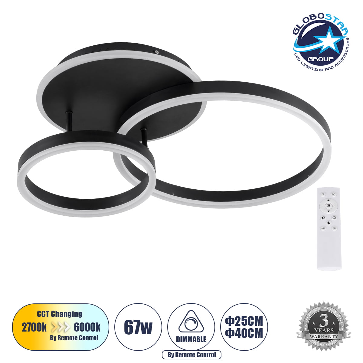 61120_1 GloboStar® VENOM 61120 Φωτιστικό Οροφής Δαχτυλίδι-Κύκλος LED CCT 67W 8107lm 360° AC 220-240V - Εναλλαγή Φωτισμού μέσω Τηλεχειριστηρίου All In One Ψυχρό 6000k+Φυσικό 4500k+Θερμό 2700k Dimmable Φ25+40cm+BackLight - Μαύρο - 3 Years Warranty - Image 1