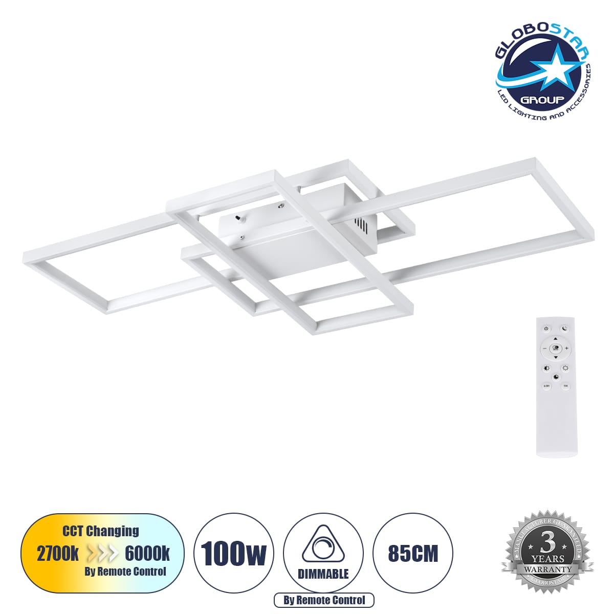 61386_1 GloboStar® QUADRA 61386 Φωτιστικό Οροφής Design LED CCT 100W 12000lm 120° AC 220-240V - Εναλλαγή Φωτισμού μέσω Τηλεχειριστηρίου All In One Ψυχρό 6000k+Φυσικό 4500k+Θερμό 2700k Dimmable Μ85 x Π45 x Υ9cm - Λευκό - 3 Years Warranty - Image 1