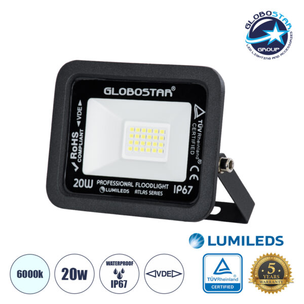 GloboStar® ATLAS 61410 Επαγγελματικός Προβολέας LED 20W 2500lm 120° AC 220-240V - Αδιάβροχος IP67 - Μ12 x Π2.5 x Υ9.5cm - Μαύρο - Ψυχρό Λευκό 6000K - LUMILEDS Chips - TÜV Rheinland Certified - 5 Years Warranty
