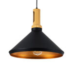 GloboStar® CALYPSO 01334-A Μοντέρνο Κρεμαστό Φωτιστικό Καμπάνα Μονόφωτο 1 x E27 IP20 Μαύρο & Χρυσό Μέταλλο με Μπεζ Ξύλο - Μ36 x Π36 x Υ30cm - Image 2