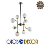 GloboStar® STARDUST 01649 Vintage Industrial Φωτιστικό Οροφής Πολύφωτο Μαύρο - Χρυσό Μεταλλικό Πολυέλαιος με Γυάλινες Μπάλες Λευκό Ματ Φ75 x Y100cm