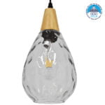 GloboStar® NOAH 01491 Μοντέρνο Κρεμαστό Φωτιστικό Ανάρτηση Μονόφωτο 1 x E27 IP20 Διάφανο Γυαλί με Μπεζ Ξύλο - Μ16 x Π16 x Υ30cm