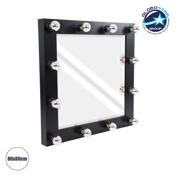 GloboStar® MAKEUP MIRROR-80x80-5 Μοντέρνος Καθρέπτης Μακιγιάζ με Πλαίσιο Φυσικού Ξύλου με Διακόπτη On/Off 12 x E27 AC220-240V - Μ80 x Π7 x Υ80cm - Μαύρος Έβενος