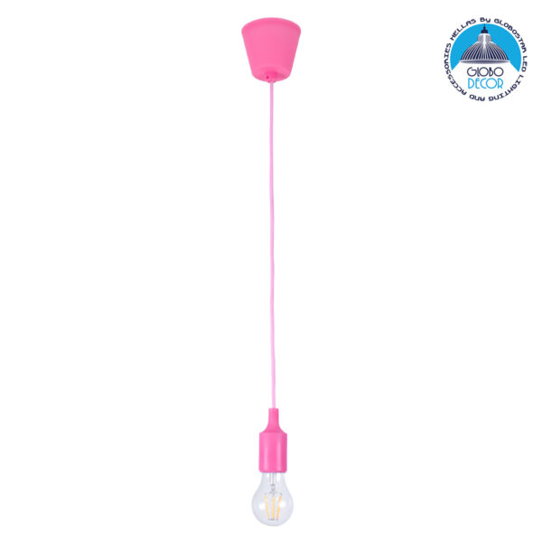 GloboStar® CABLITO 61553 Μοντέρνο Κρεμαστό Φωτιστικό Οροφής Μονόφωτο 1 x E27 Ροζ Σιλικόνης Ανάρτηση με Υφασμάτινο Καλώδιο Φ4 x Υ110cm