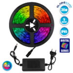 GloboStar® 70410 Σετ Ταινία LED Digital Magic Strip IC3 5m 36W/5m 12V 30LED/m 5050 SMD 600lm/m 120° Αδιάβροχη IP65 με Ενσωματωμένα Προγράμματα Λειτουργίας και Τροφοδοτικό RGB