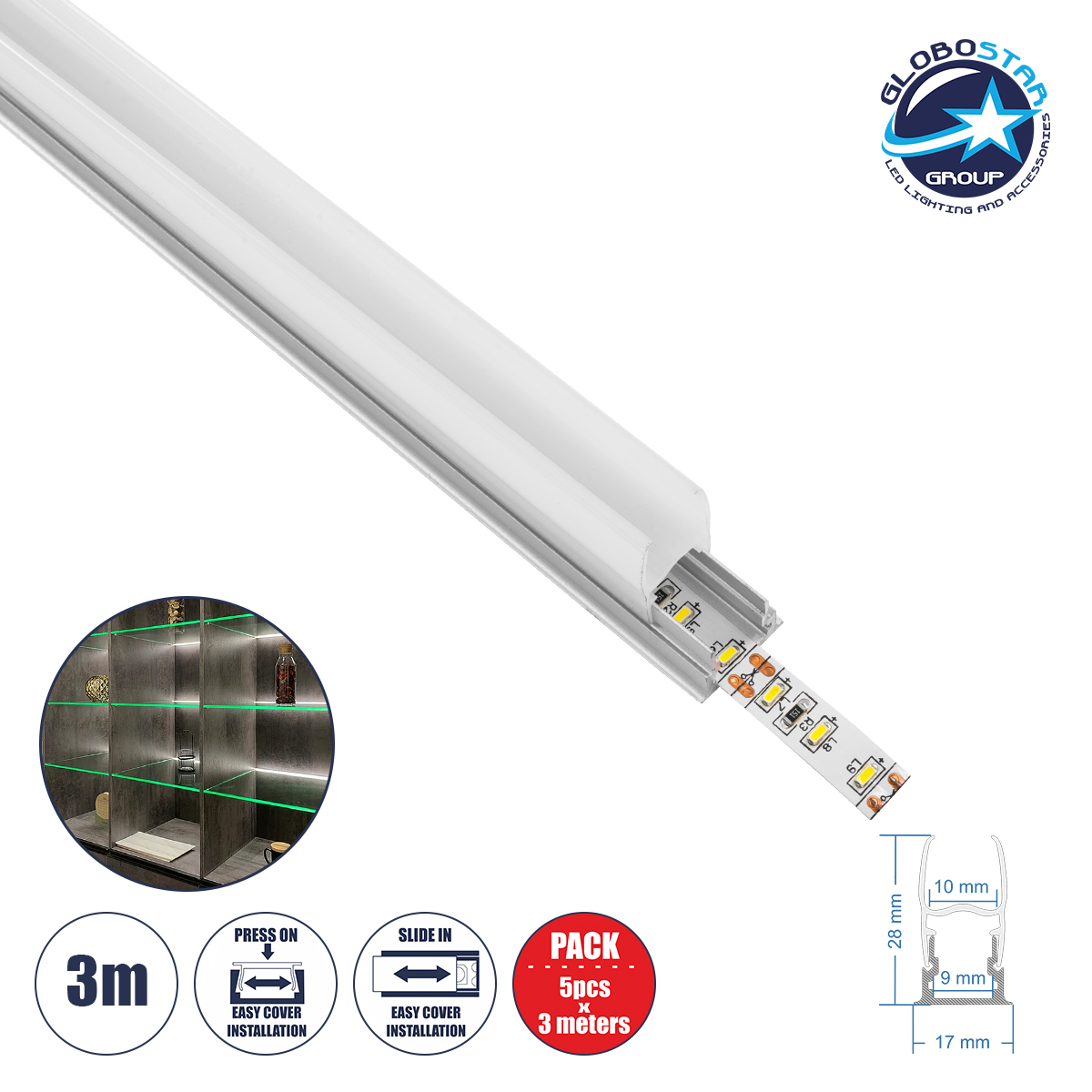 70812_3m_01 GloboStar® GLASSBOARD-PROFILE 70812-3M Προφίλ Αλουμινίου - Βάση & Ψύκτρα Ταινίας LED με Λευκό Γαλακτερό Κάλυμμα - Χρήση για Μοριακό Φωτισμό Γυαλιού Πάχους 10mm - Πατητό Κάλυμμα - Ασημί - 3 Μέτρα - Πακέτο 5 Τεμαχίων - Μ300 x Π1.7 x Υ3cm - Image 1