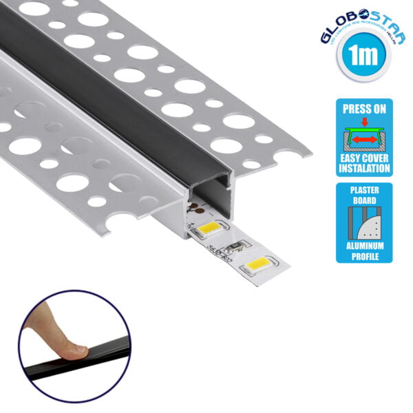 GloboStar® PLASTERBOARD-PROFILE 70839-1M Προφίλ Αλουμινίου - Βάση & Ψύκτρα Ταινίας LED με Μαύρο Φιμέ Κάλυμμα - Χωνευτή Χρήση σε Γυψοσανίδα - Trimless - Πατητό Κάλυμμα - Ασημί - 1 Μέτρο - Μ100 x Π5.6 x Υ1.5cm