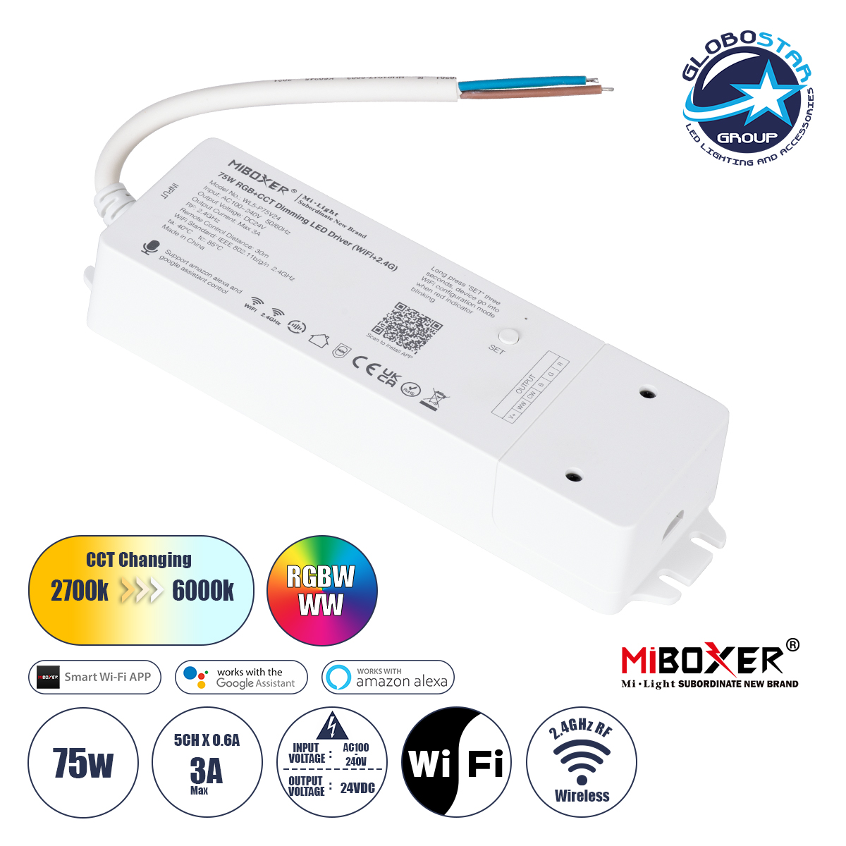 71441_1 GloboStar® 71441 WL5-P75V24 Mi-BOXER DC Smart Wifi & RF 2.4Ghz Power Supply Τροφοδοτικό SELV & Controller / Dimmer All in One 5 Καναλιών AC100-240V σε DC 24V 5 x 0.6A 14.4W - Max 3A 75W - IP20 RGBW+WW Μ19 x Π5.5 x Υ3.2cm - 5 Years Warranty - Image 1