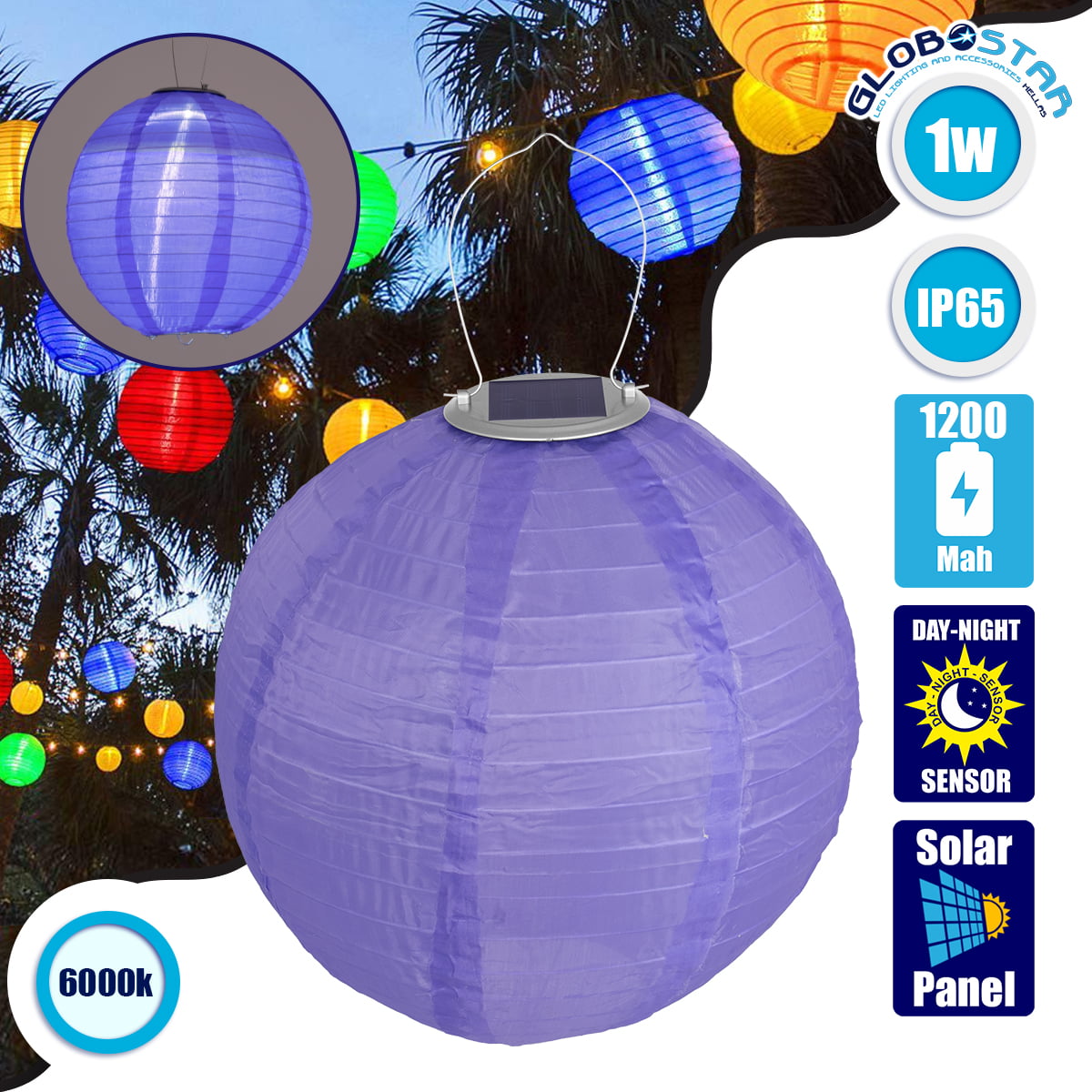 71597_01 GloboStar® 71597 Αυτόνομο Ηλιακό Φωτιστικό Υφασμάτινη Μωβ Μπάλα Φ30cm LED SMD 1W 100lm με Ενσωματωμένη Μπαταρία 1200mAh - Φωτοβολταϊκό Πάνελ με Αισθητήρα Ημέρας-Νύχτας Αδιάβροχο IP65 Ψυχρό Λευκό 6000K - Image 1