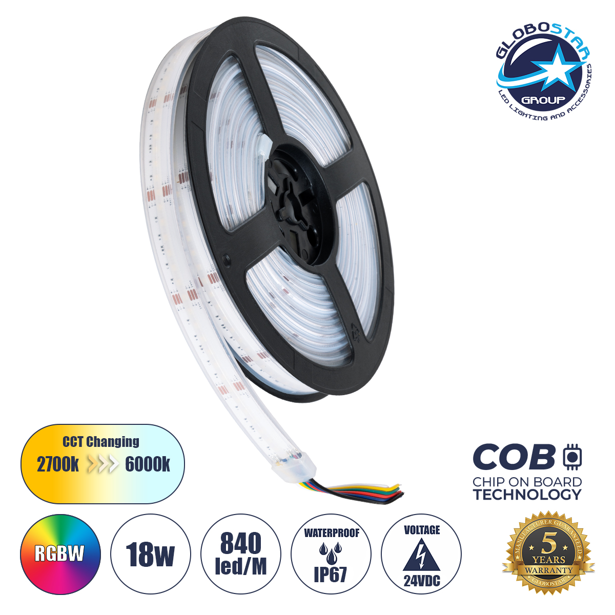 73416_01 GloboStar® BEE 73416 Ταινία LED 18W/m 1800lm/m 120° DC 24V Αδιάβροχη IP67 - 840 x Micro 5in1 SMD COB LED Chip/Μέτρο - Μ5000 x Π14 x Υ4mm - Ρολό 5 Μέτρων - Πολύχρωμη RGBW+WW - 5 Χρόνια Εγγύηση - Image 1