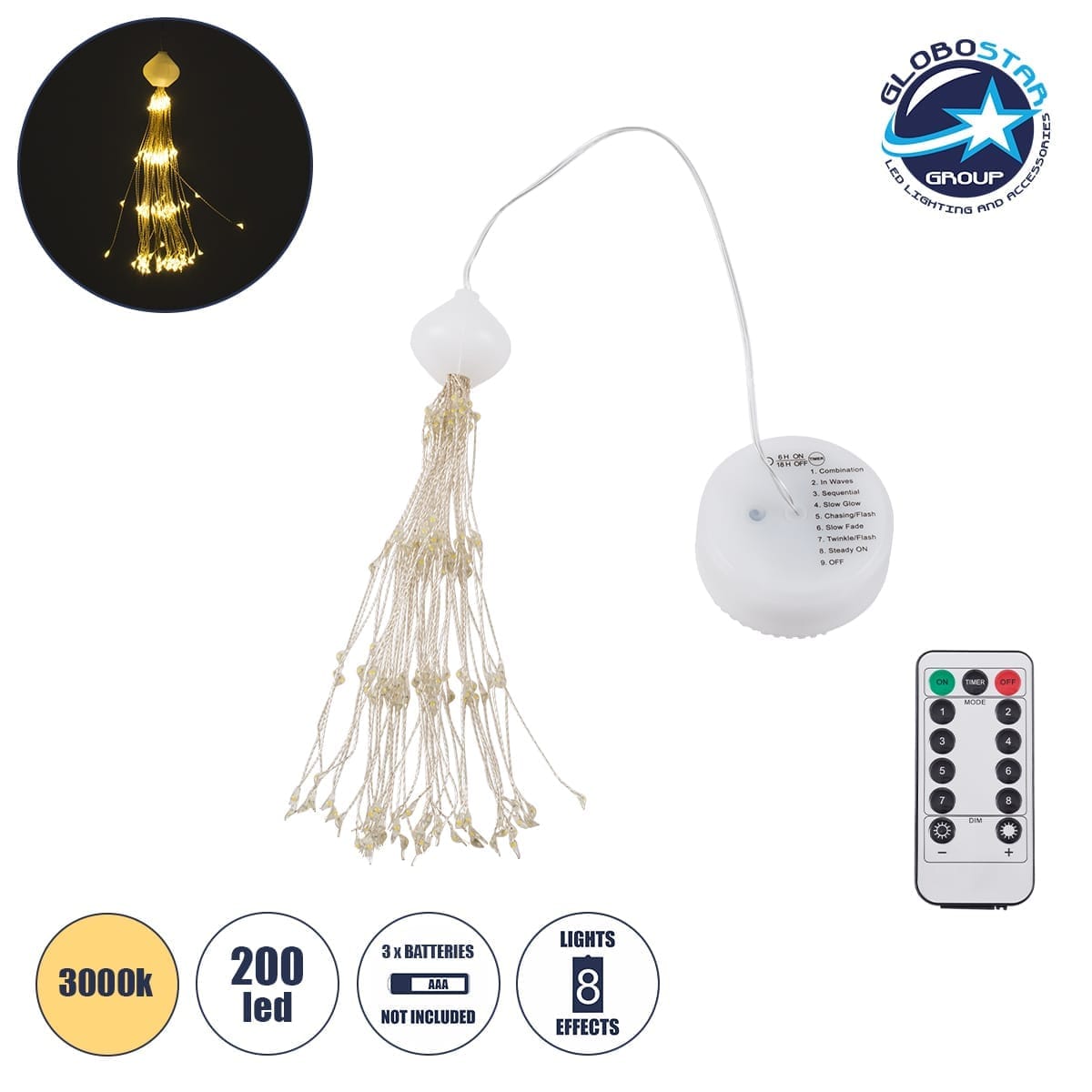 79795_1 GloboStar® 79795 Διακοσμητική Γιρλάντα Μπαταρίας (3xAAA Δεν Περιλαμβάνονται) 200 LED 3 Watt και Ασύρματο Χειριστήριο 8 Προγραμμάτων Φωτισμού Dimmable Θερμό Λευκό 3000K - Image 1