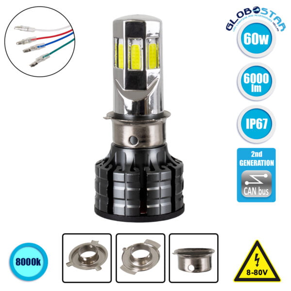 GloboStar® 81661 H4/HS1 KIT Βασικού Φωτισμού Μοτοσυκλέτας 2nd Generation Can-Bus Series LED CREE CXB COB 60W 6000lm DC 8-80V Αδιάβροχο IP67 Ψυχρό Λευκό 8000K