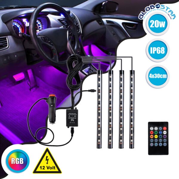 GloboStar® 81842 Car Underglow LED Tube Kit - Κρυφός Φωτισμός Αυτοκινήτου DC 12V 20W με Χειριστήριο Αδιάβροχο IP68 Πολύχρωμο RGB