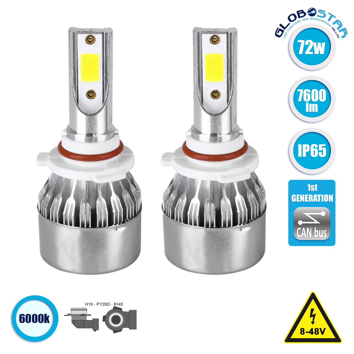 82006_1 GloboStar® 82006 H10 C6 Line KIT Βασικού Φωτισμού Αυτοκινήτου & Φορτηγού 1st Generation Can-Bus Series LED CREE CXB COB 72W 7600lm DC 8-48V Αδιάβροχο IP65 Ψυχρό Λευκό 6000K - Image 1