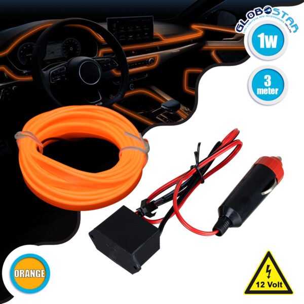 GloboStar® 82201 TUBE 360° Degree Διακοσμητική EL-Wire Neon Αυτοκινήτου Κορδόνι ΣΕΤ 3m 1W/3m 30lm/m 360° DC 12V με Βύσμα Αναπτήρα Αυτοκινήτου Αδιάβροχη IP68 Πορτοκαλί