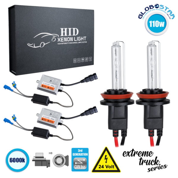 GloboStar® 84126 H8 XCB Line KIT Βασικού Φωτισμού Φορτηγού 3rd Generation Can-Bus Extreme Truck Series XENON 110W 10350lm DC 24V Αδιάβροχο IP65 Ψυχρό Λευκό 6000K