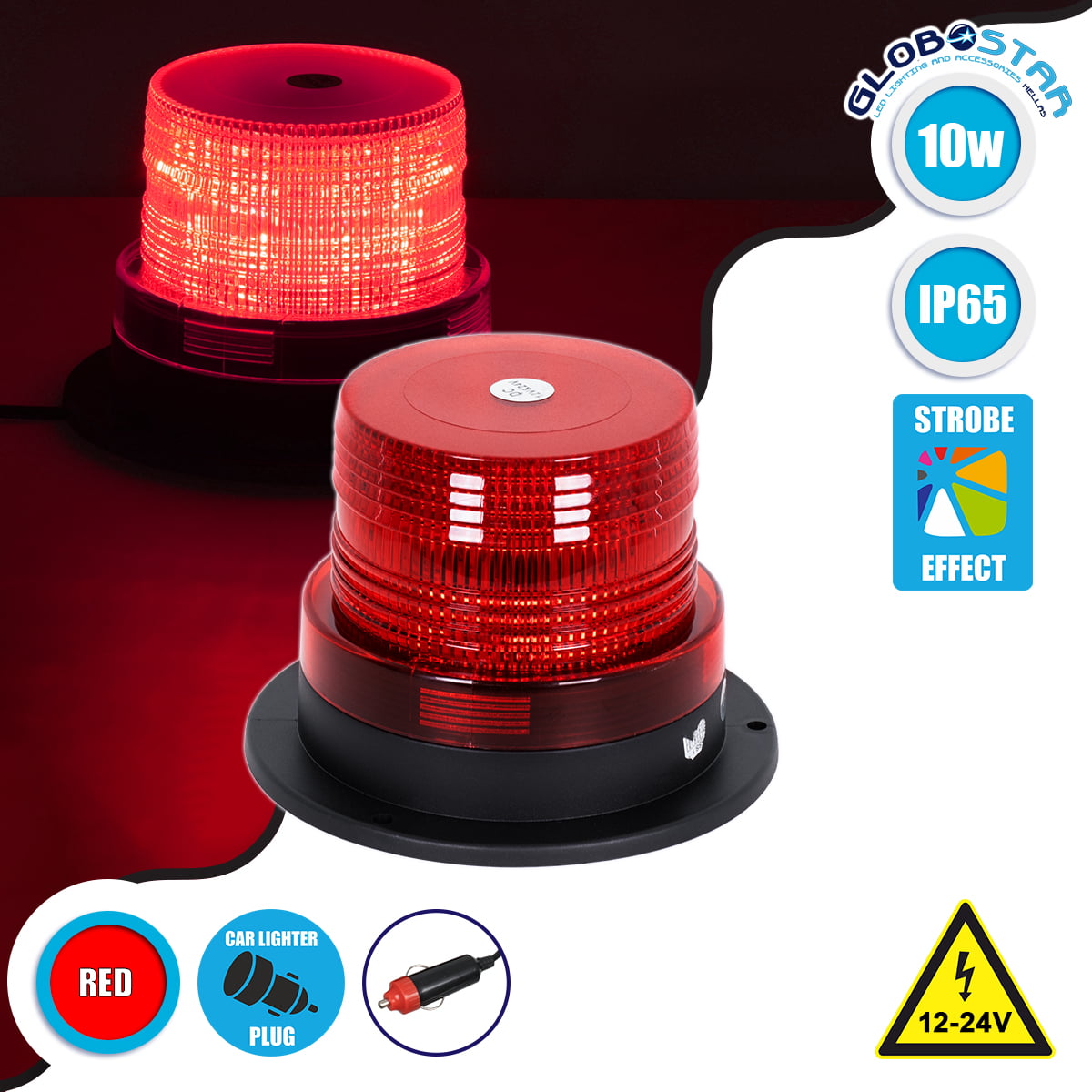 85150_1 GloboStar® 85150 PRO Series Φάρος Σήμανσης Οχήματος Πυροσβεστικής για Αυτοκίνητα & Φορτηγά STROBE LED 10W DC 12-24V Αδιάβροχος IP65 Κόκκινο - Image 1
