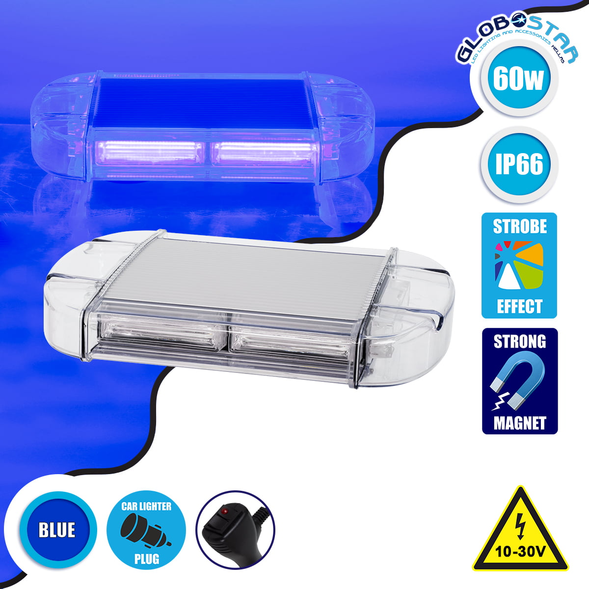 85176_1 GloboStar® 85176 PRO Series Φάρος Σήμανσης Οχήματος Αστυνομίας για Αυτοκίνητα & Φορτηγά 6 Προγραμμάτων Φωτισμού STROBE LED COB 60W DC 10-30V Αδιάβροχος IP66 Μπλε - Image 1
