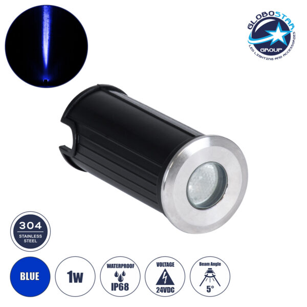 GloboStar® UNDERGROUND-GENA 90199 Χωνευτό Φωτιστικό Σποτ Δαπέδου LED 1W 80lm 5° DC 24V Αδιάβροχο IP68 Φ3 x Υ6cm Μπλε - Ανοξείδωτο Ατσάλι - 3 Years Warranty