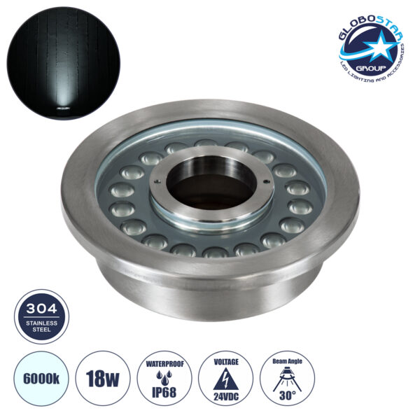 GloboStar® UNDERWATER-DENIS 90442 Υποβρύχιο Χωνευτό Φωτιστικό Σποτ Ειδικό για Σιντριβάνια - Πισίνες - Τζακούζι LED 18W 1800lm 30° DC 24V Αδιάβροχο IP68 Φ21.5 x Υ8cm Ψυχρό Λευκό 6000K - Ανοξείδωτο Ατσάλι SS304 - 3 Years Warranty
