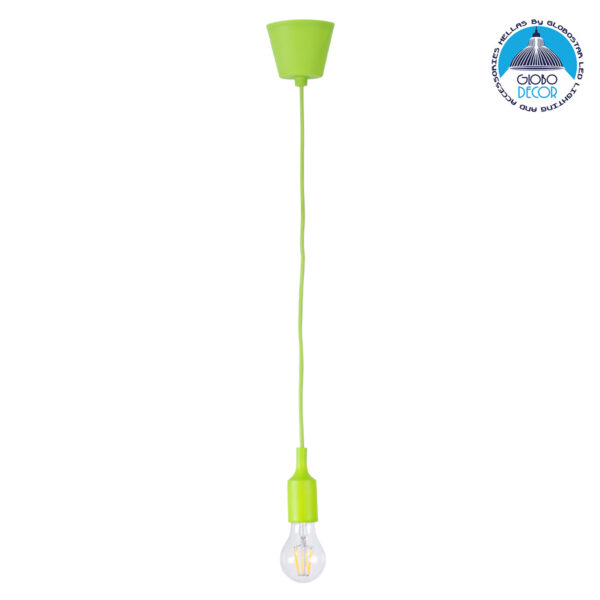 GloboStar® CABLITO 61557 Μοντέρνο Κρεμαστό Φωτιστικό Οροφής Μονόφωτο 1 x E27 Πράσινο Λαχανί Σιλικόνης Ανάρτηση με Υφασμάτινο Καλώδιο Φ4 x Υ110cm