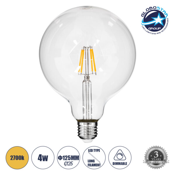 GloboStar® 99012 Λάμπα LED Long Filament E27 G125 Γλόμπος 4W 400lm 360° AC 220-240V IP20 Φ12.5 x Υ18cm Θερμό Λευκό 2700K με Διάφανο Γυαλί - Dimmable - 3 Years Warranty