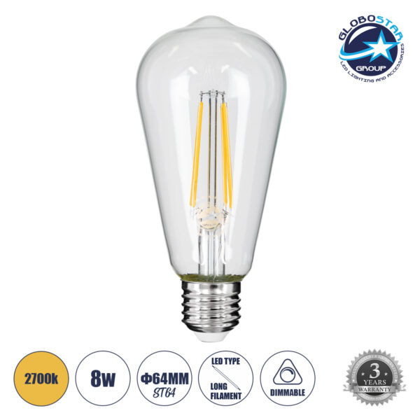 GloboStar® 99016 Λάμπα LED Long Filament E27 ST64 Αχλάδι 8W 800lm 360° AC 220-240V IP20 Φ6.4 x Υ14cm Θερμό Λευκό 2700K με Διάφανο Γυαλί - Dimmable - 3 Years Warranty