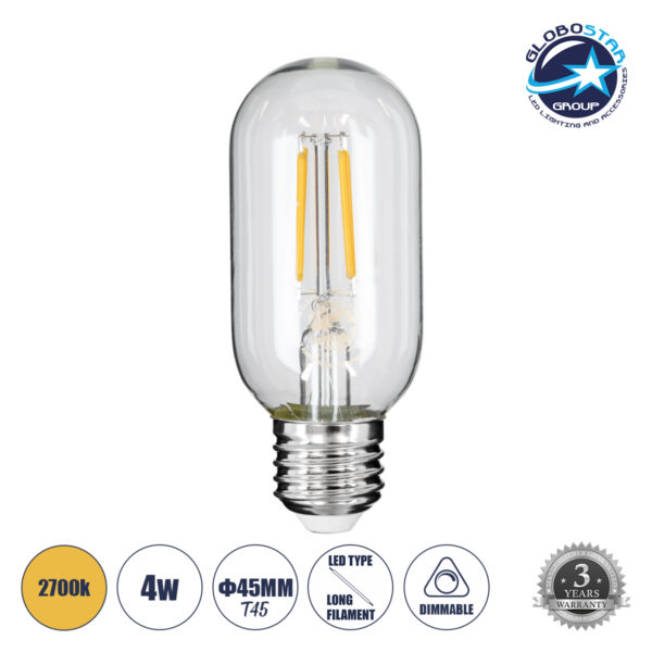 GloboStar® 99018 Λάμπα LED Long Filament E27 T45 Σωλήνας 4W 400lm 360° AC 220-240V IP20 Φ4.5 x Υ11cm Θερμό Λευκό 2700K με Διάφανο Γυαλί - Dimmable - 3 Years Warranty
