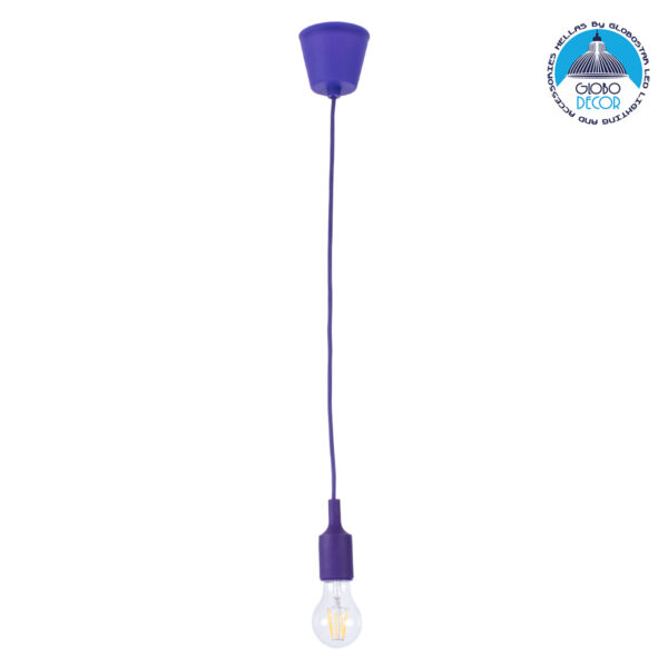 GloboStar® CABLITO 61560 Μοντέρνο Κρεμαστό Φωτιστικό Οροφής Μονόφωτο 1 x E27 Μωβ Σιλικόνης Ανάρτηση με Υφασμάτινο Καλώδιο Φ4 x Υ110cm