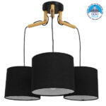 GloboStar® RAMSON 01525 Μοντέρνο Κρεμαστό Φωτιστικό Οροφής Τρίφωτο 3 x E27 Μαύρο με Ξύλο και Υφασμάτινα Καπελα Φ67 x Υ65cm