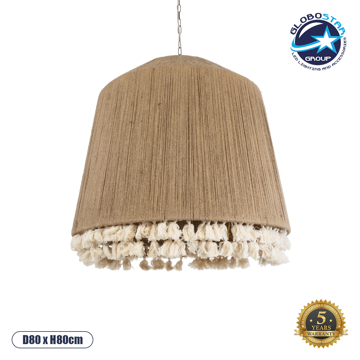 02093_1 GloboStar® PUERTORICO 02093 Boho Κρεμαστό Φωτιστικό Καμπάνα Τρίφωτο 3 x E27 IP20 Μπεζ & Λευκό Σχοινί - Μ80 x Π80 x Υ80cm - Image 1