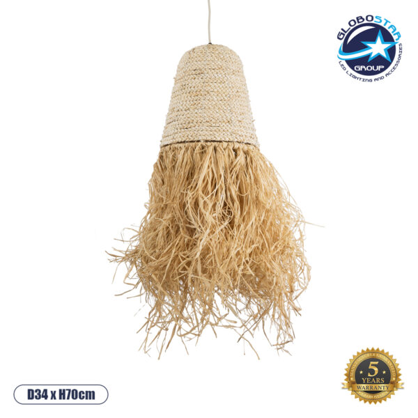 GloboStar® LETA 02189 Boho Κρεμαστό Φωτιστικό Πλέγμα Μονόφωτο 1 x E27 IP20 Μπεζ Ράφια - Μ34 x Π34 x Υ70cm