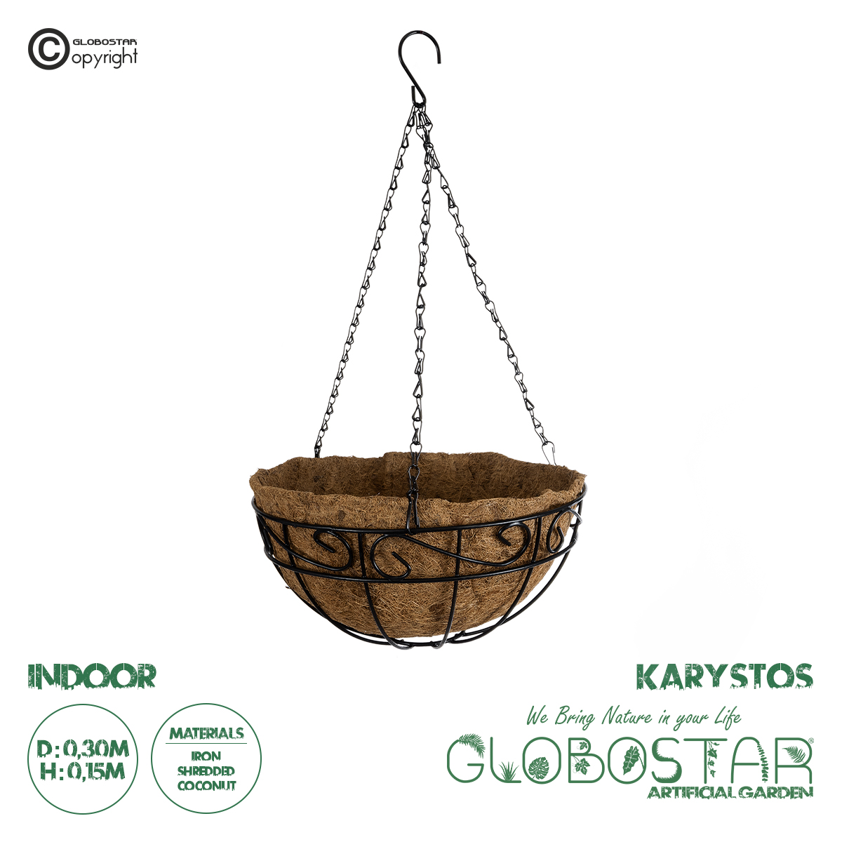 20563_1 GloboStar® Artificial Garden KARYSTOS 20563 Κρεμαστό Διακοσμητικό Κασπώ Γλάστρα - Flower Pot από Φλοιό Καρύδας Καφέ με Μαύρη Μεταλλική Βάση Φ30 x Υ15cm - Image 1