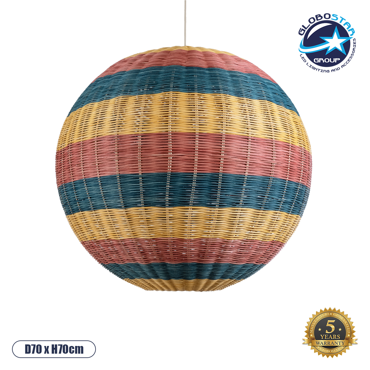 02063_1 GloboStar® CABALLEROS 02063 Boho Κρεμαστό Φωτιστικό Μπάλα Μονόφωτο 1 x E27 IP20 Πολύχρωμο Ξύλο - Μ70 x Π70 x Υ70cm - Image 1