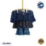 GloboStar® MISSOULA 02085 Boho Κρεμαστό Φωτιστικό Σχοινί Μονόφωτο 1 x E27 IP20 Μπλε & Μαύρο Ύφασμα με Χρυσό Μέταλλο - Μ30 x Π30 x Υ40cm
