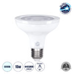 GloboStar® 60087 Λάμπα LED E27 PAR30 Σποτ 15W 1500lm 12° AC 220-240V IP20 Φ9.5 x Υ9.5cm Ψυχρό Λευκό 6000K - 3 Χρόνια Εγγύηση